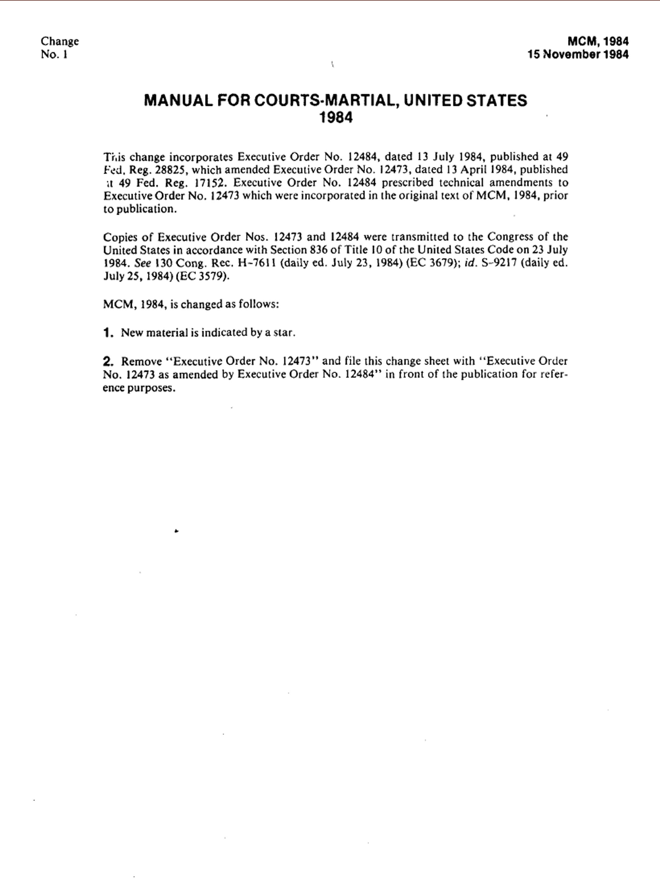 Cover — Manual for Courts-Martial, Change 1 — 1984 Manual · Nov. 15, 1984