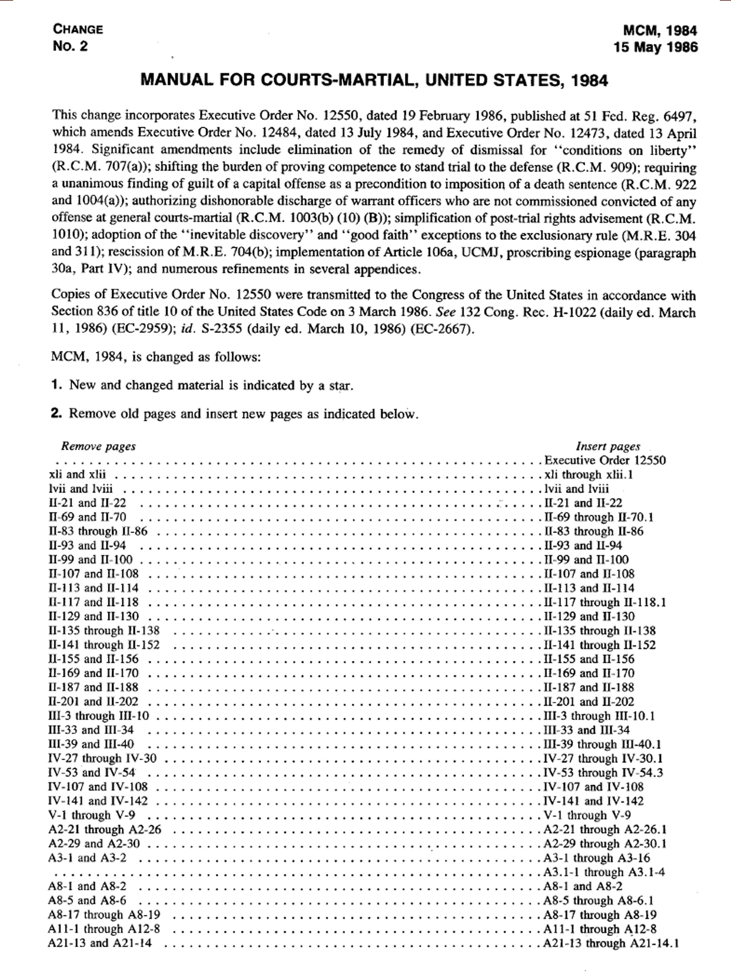 Cover — Manual for Courts-Martial, Change 2 — 1984 Manual · May 15, 1986
