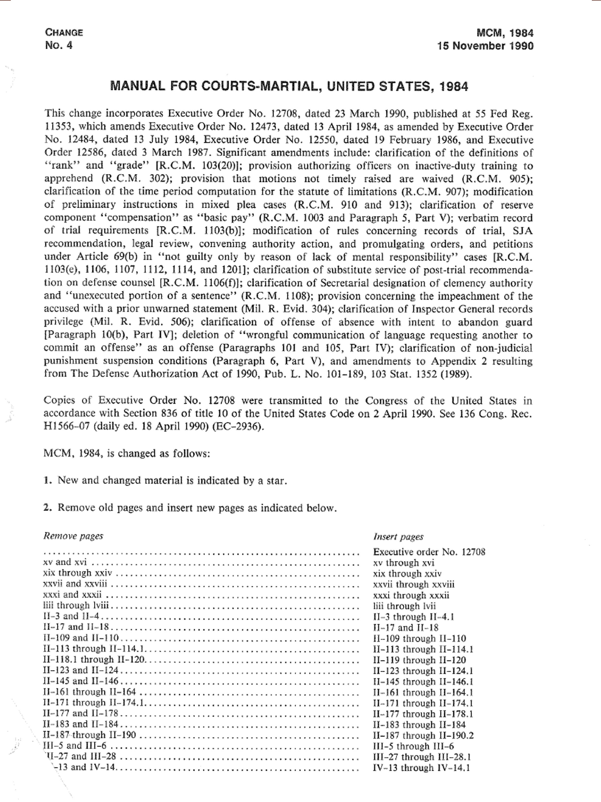 Cover — Manual for Courts-Martial, Change 4 — 1984 Manual · Nov. 15, 1990
