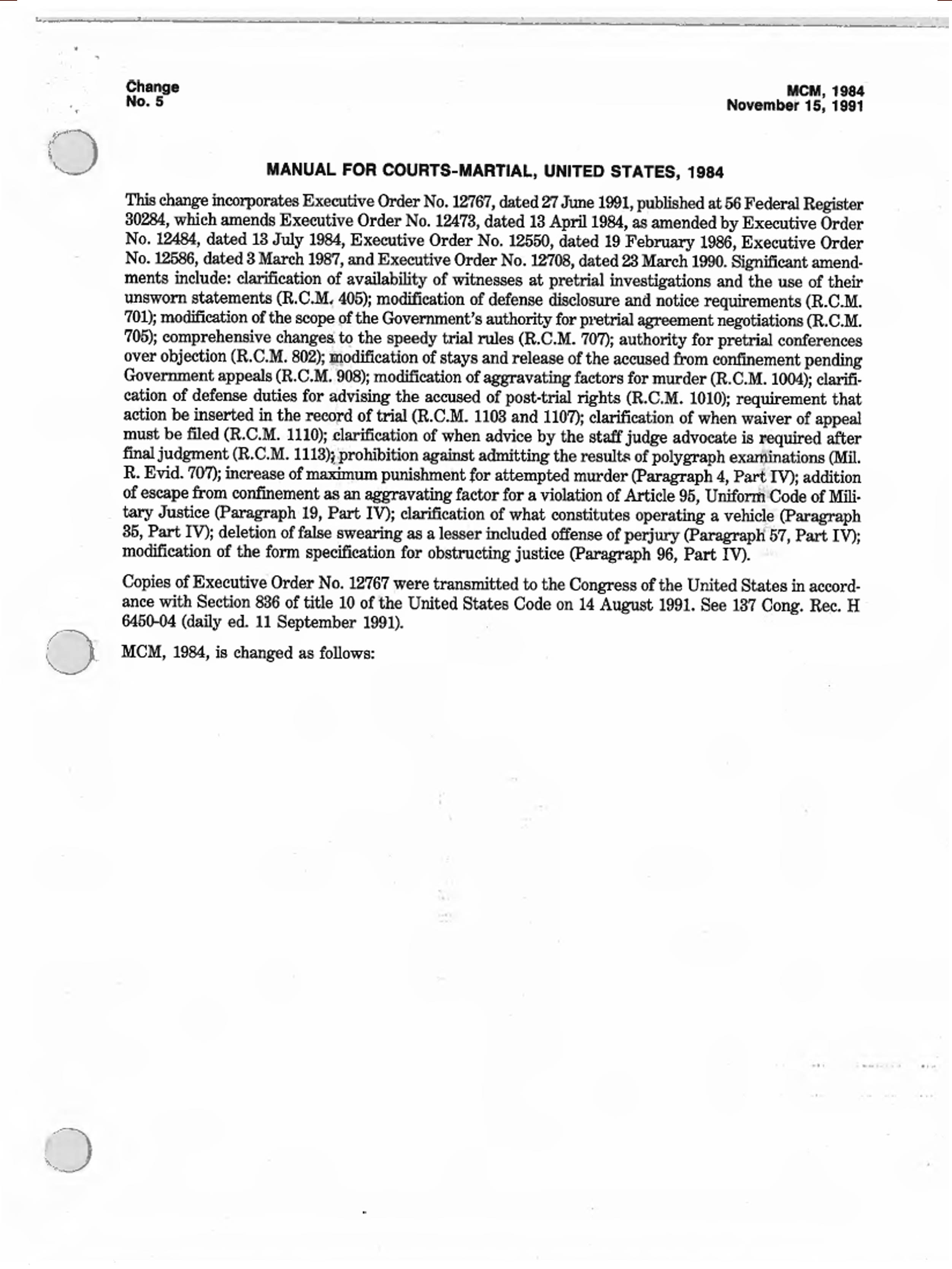 Cover — Manual for Courts-Martial, Change 5 — 1984 Manual · Nov. 15, 1991